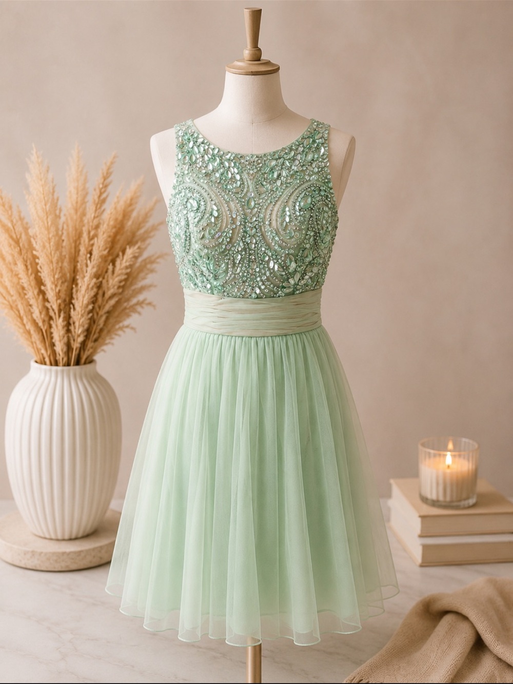 Sherri Hill Mint Green Beaded Tulle Cocktail Dress